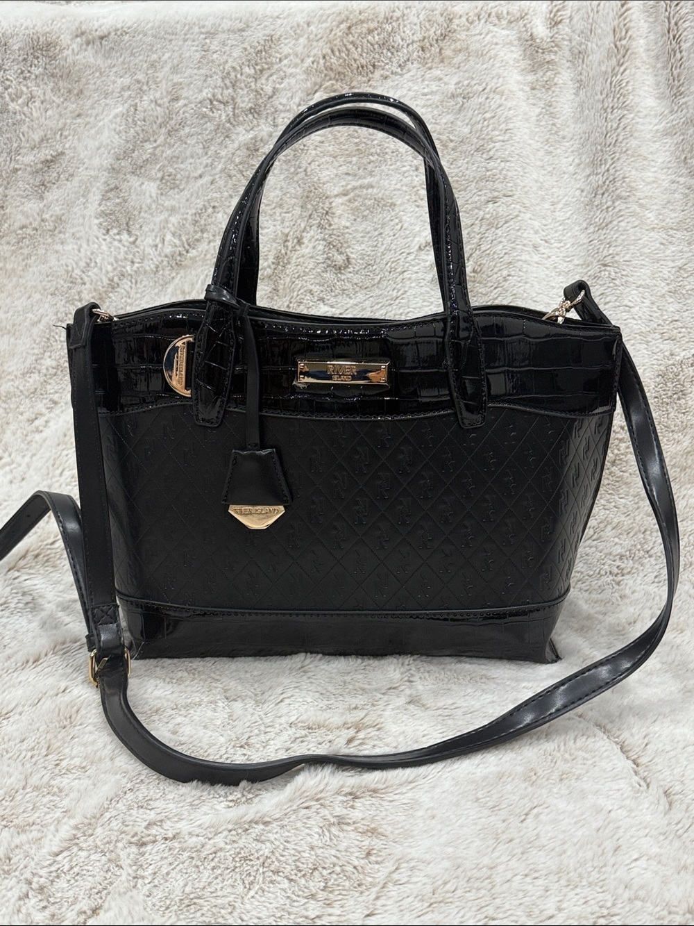 River Island Black Quilted Faux-Leather Satchel with Gold Accents